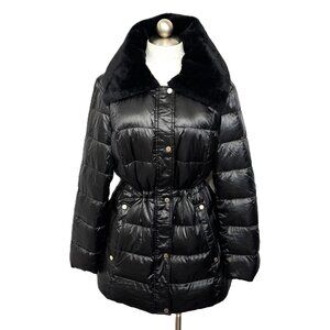 Dennis Basso Elegant Blk Down Puffer w/ Faux Mink Collar Sz XL EUC
